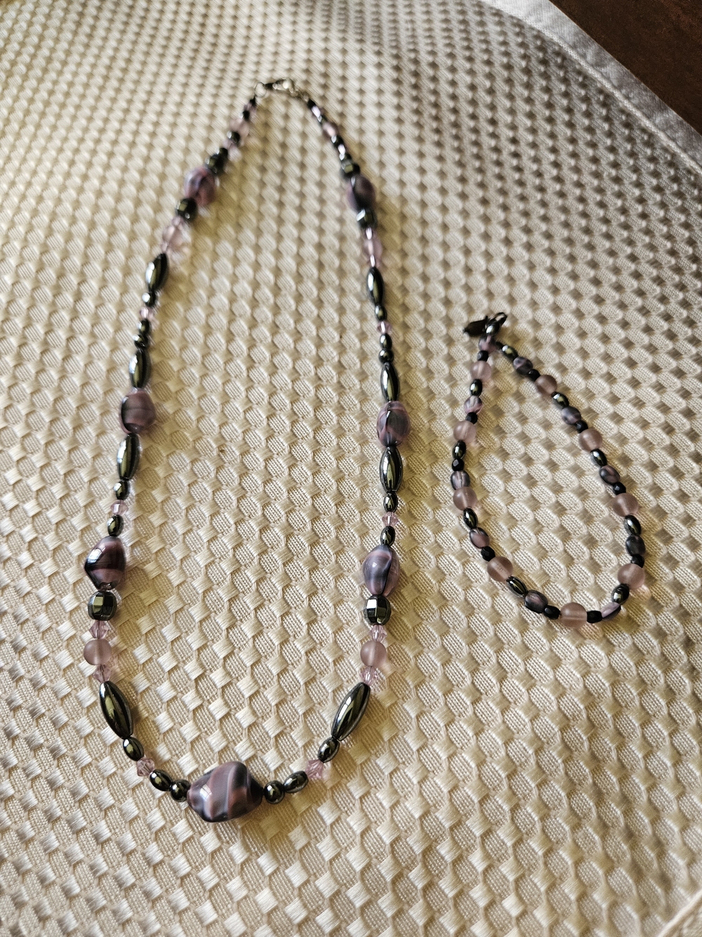 Purple and Black Glass Beaded Necklace and Bracelet Set